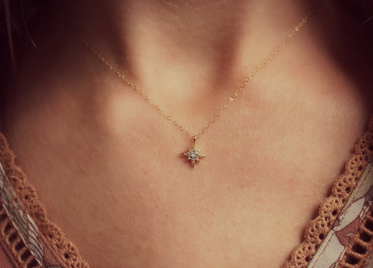 CZ starburst necklace, cz north star pendant, small gold necklace, layering necklace