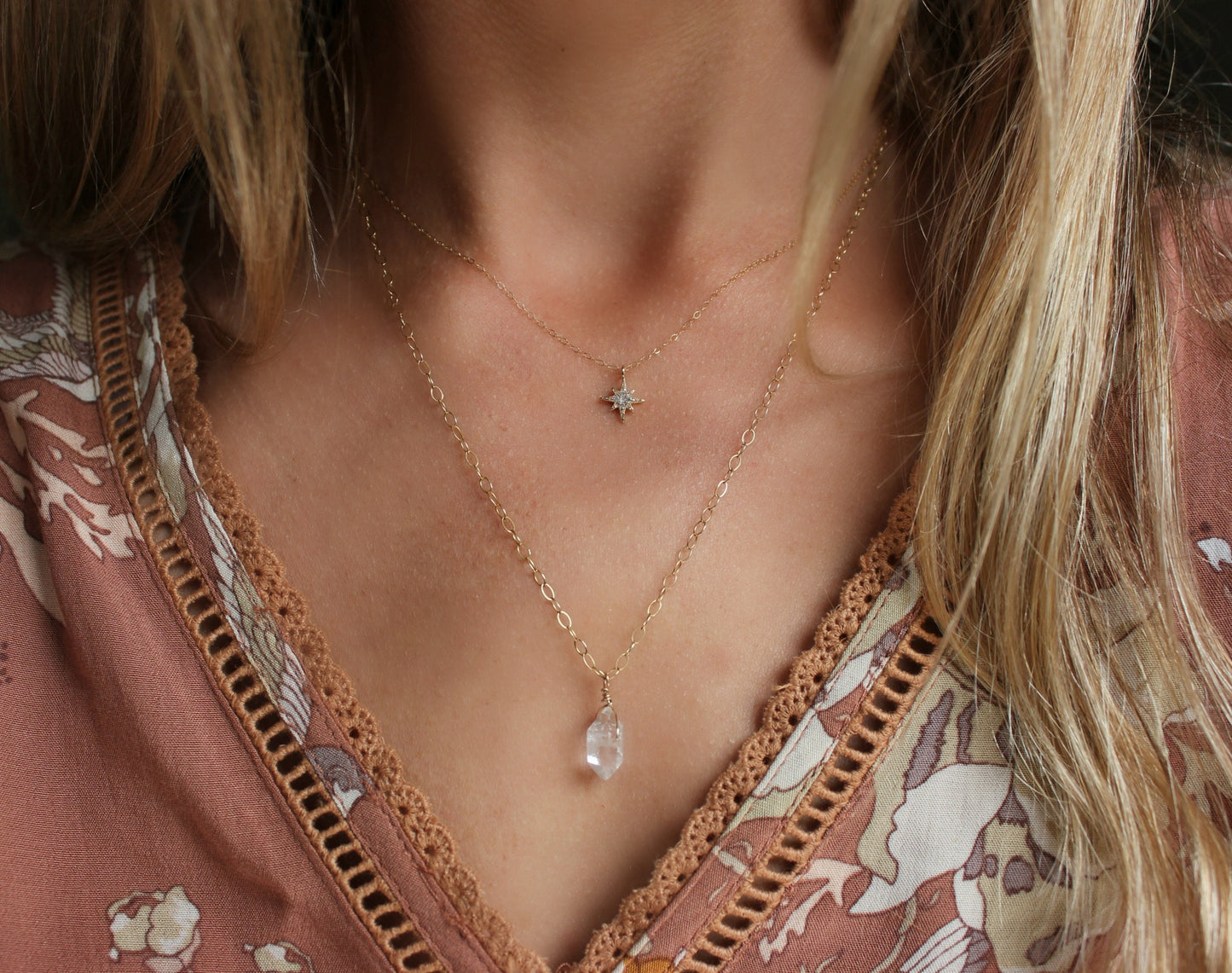 CZ starburst necklace, cz north star pendant, small gold necklace, layering necklace