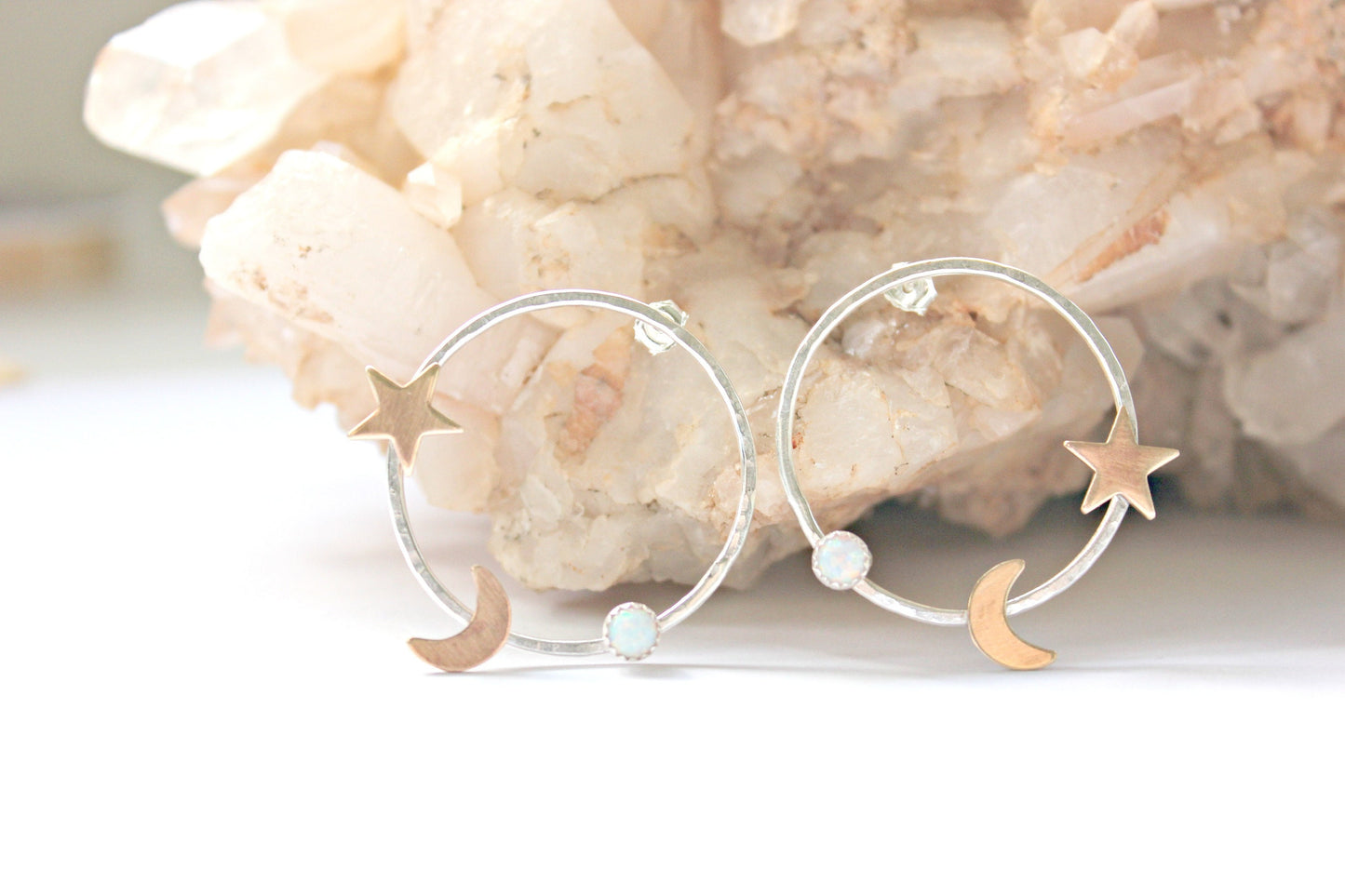 Silver crescent moon and star hoop earrings
