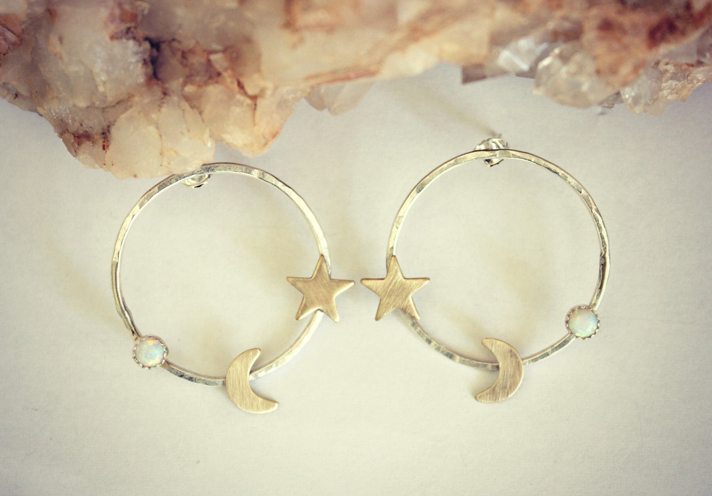 Silver crescent moon and star hoop earrings