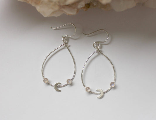 Silver crescent moon hoop earrings with moonstone
