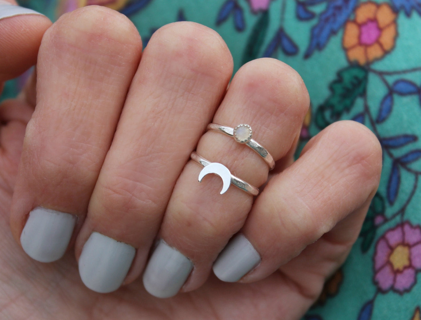 Sterling silver moon and gemstone midi ring set, stacking rings - midi rings, mid finger ring, knuckle ring set, silver rings