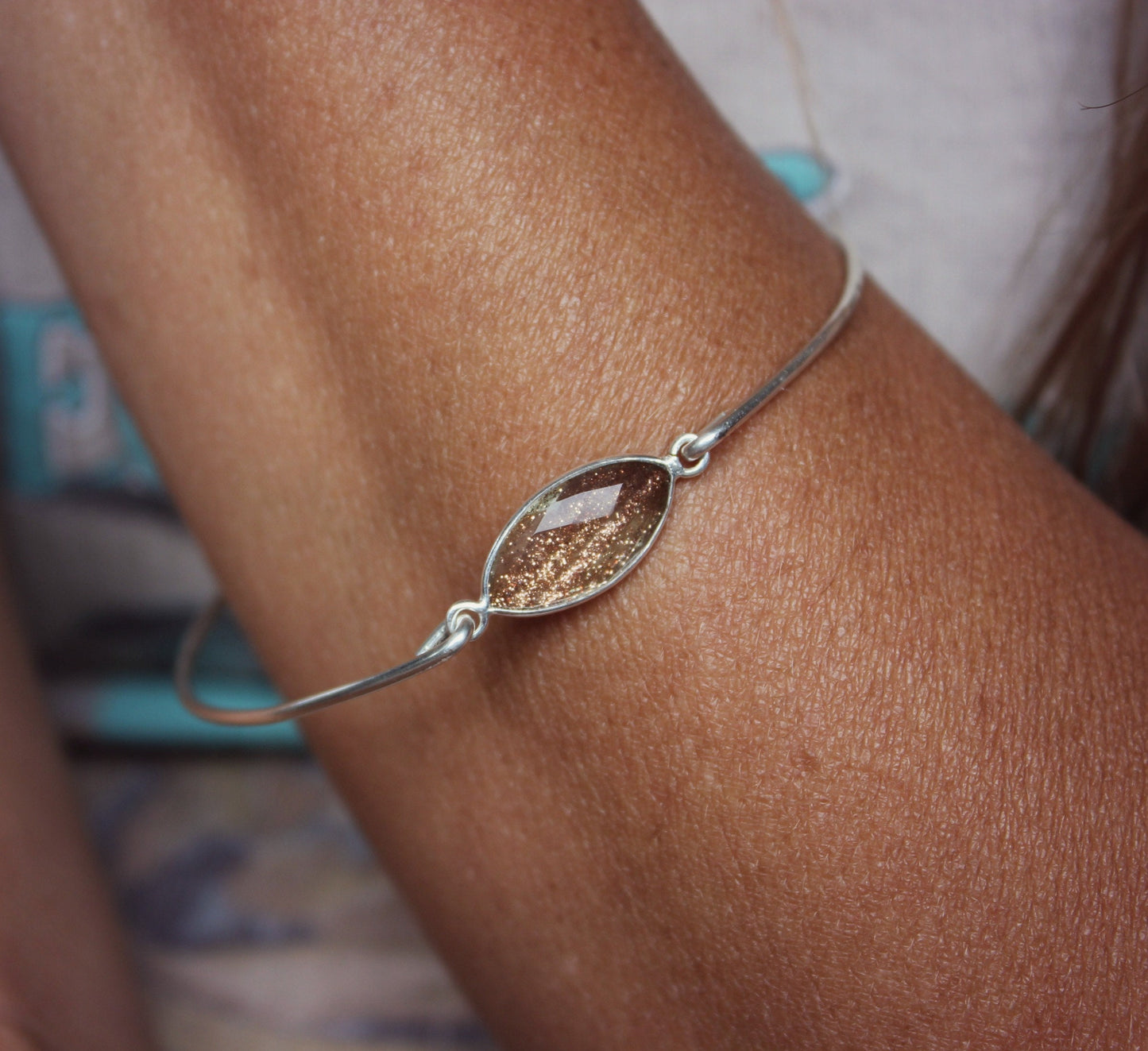 Sterling silver bracelet with copper flecks, silver  bangle, copper infused gemstone and sterling silver