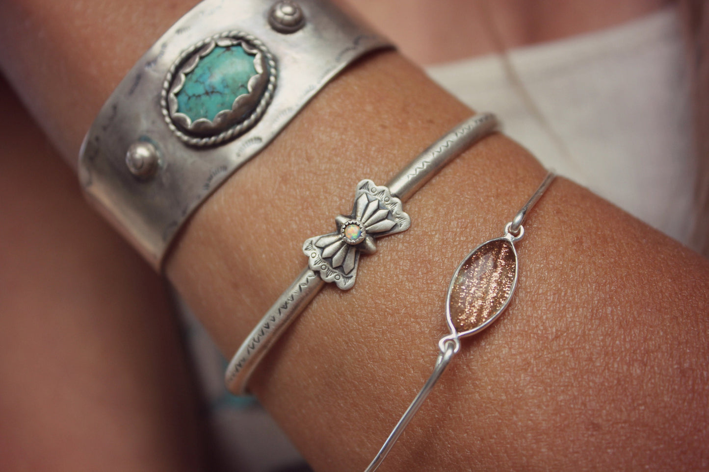 Sterling silver bracelet with copper flecks, silver  bangle, copper infused gemstone and sterling silver