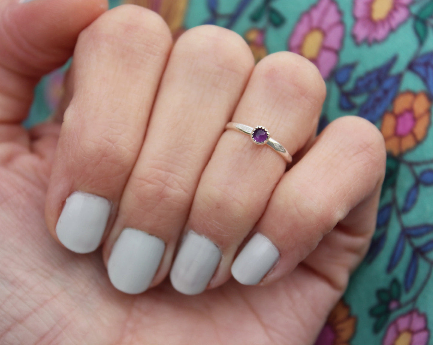 Sterling silver Amethyst knuckle ring, February birthstone stacking ring - midi ring, silver ring