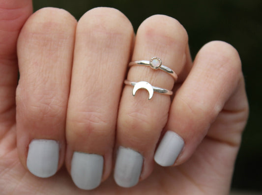 Sterling silver moon and gemstone midi ring set, stacking rings - midi rings, mid finger ring, knuckle ring set, silver rings
