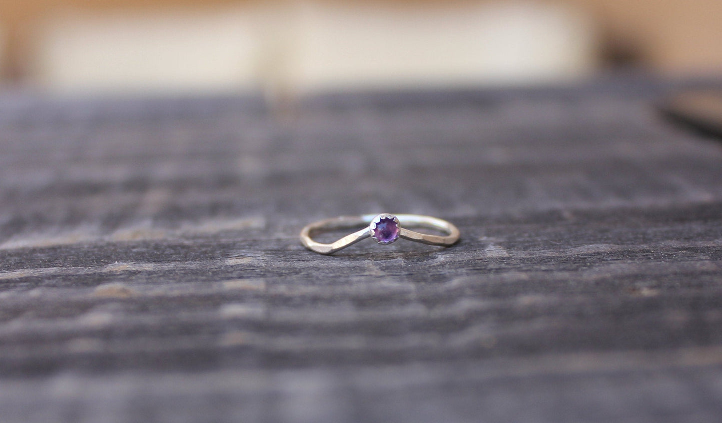 Sterling silver Amethyst birthstone ring, February birthstone jewelry, chevron stacking ring - midi ring, silver ring