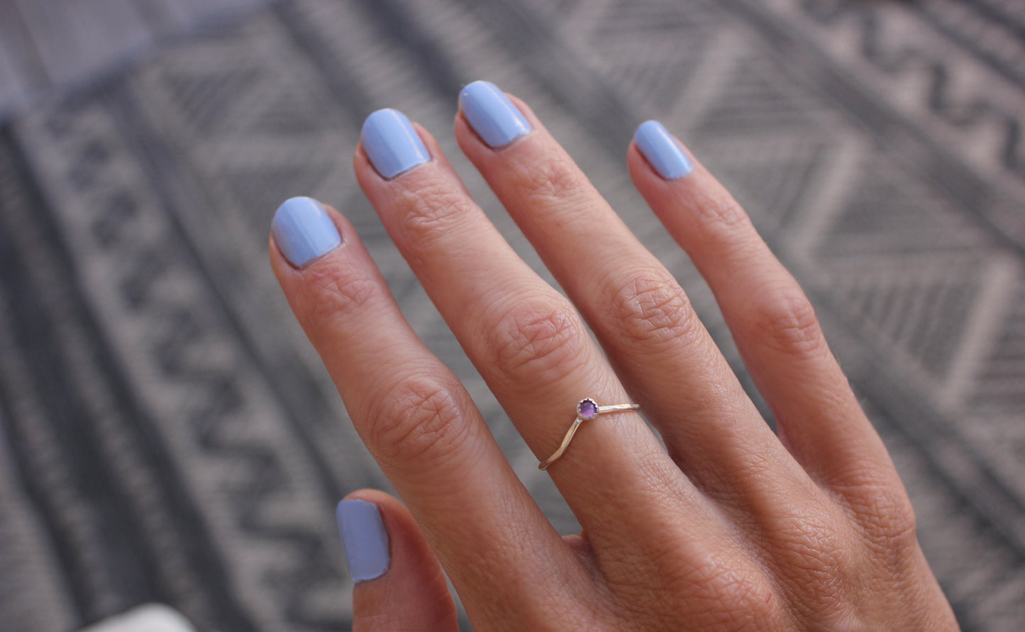 Sterling silver Amethyst birthstone ring, February birthstone jewelry, chevron stacking ring - midi ring, silver ring