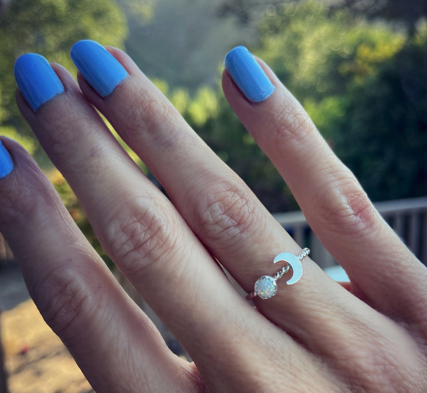 Sterling silver and Opal moon stacking ring - October birthstone ring - skinny silver moon ring, .925 sterling silver ring
