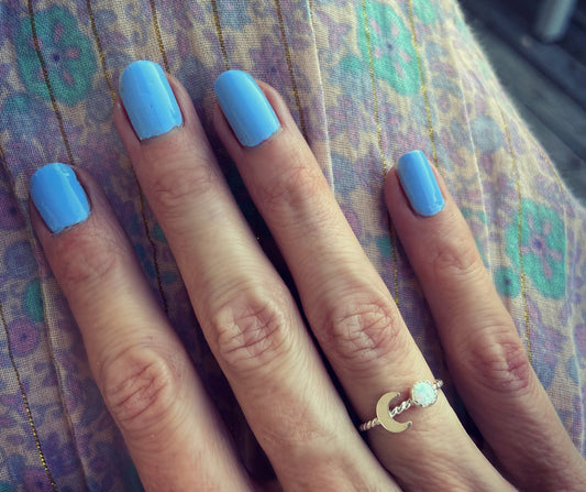 Sterling silver and Opal moon stacking ring - October birthstone ring - skinny silver moon ring, .925 sterling silver ring