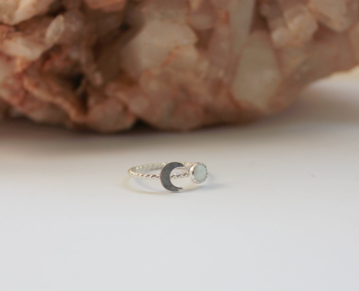 Sterling silver and Opal moon stacking ring - October birthstone ring - skinny silver moon ring, .925 sterling silver ring