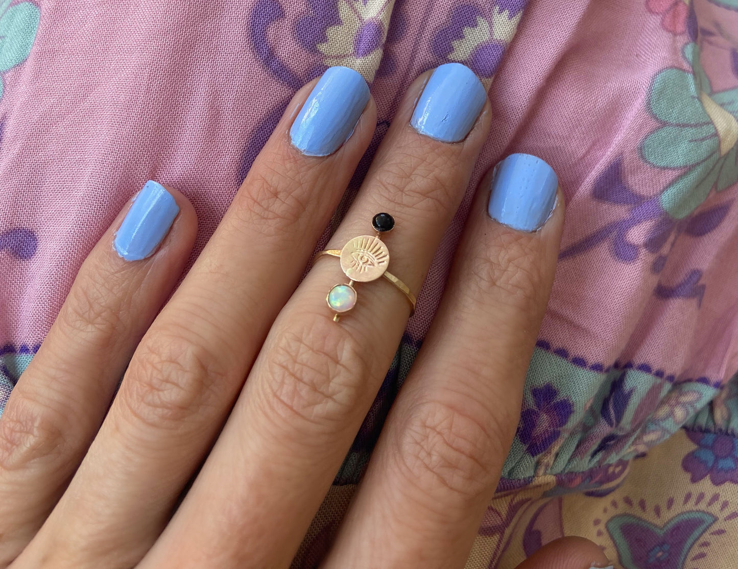 Gold, Opal and Onyx Evil eye ring