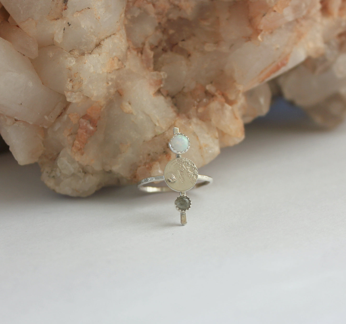 Sterling silver celestial moon ring with opal and Labradorite, .925 silver moon ring - cosmic moon ring,  talisman ring