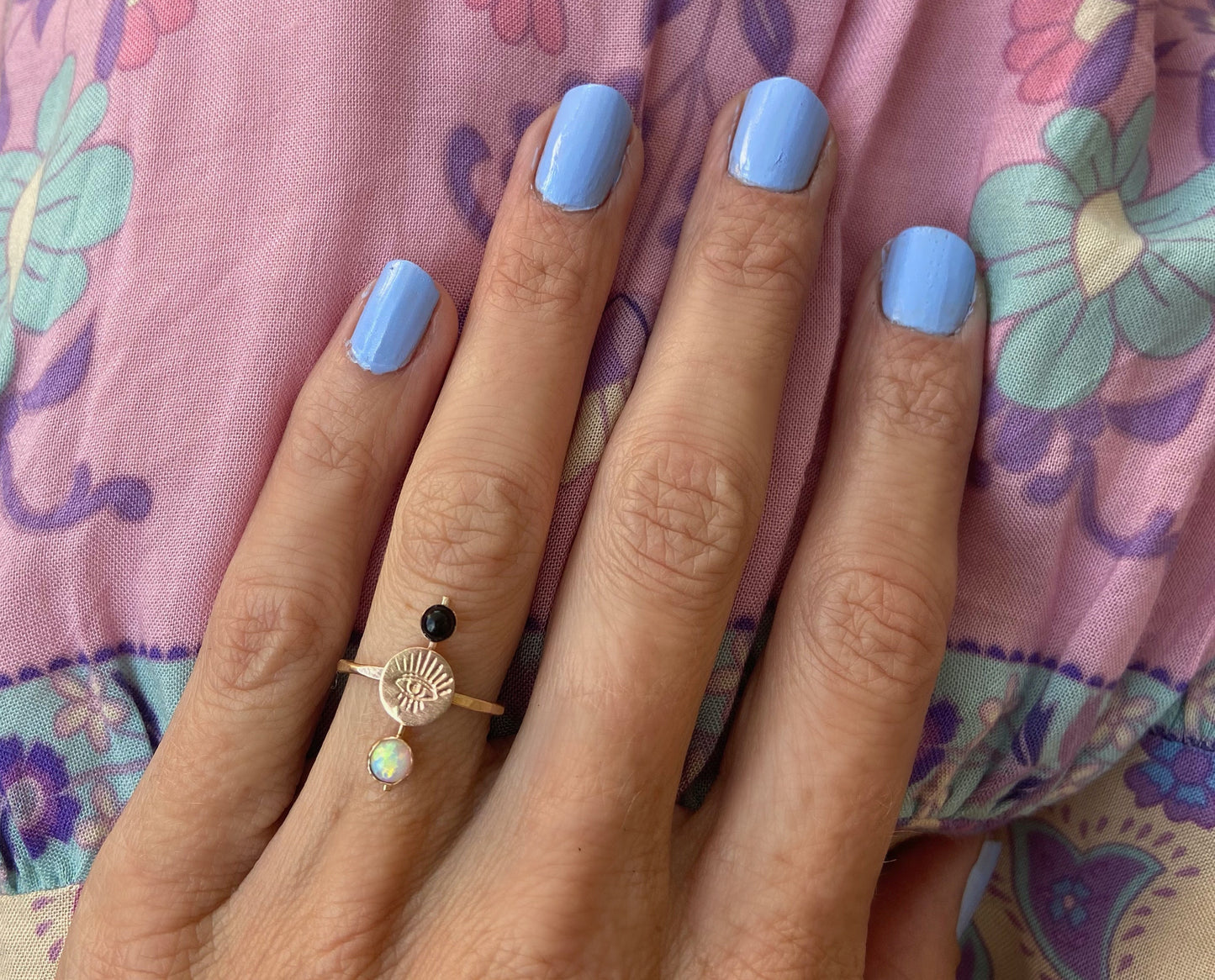 Gold, Opal and Onyx Evil eye ring