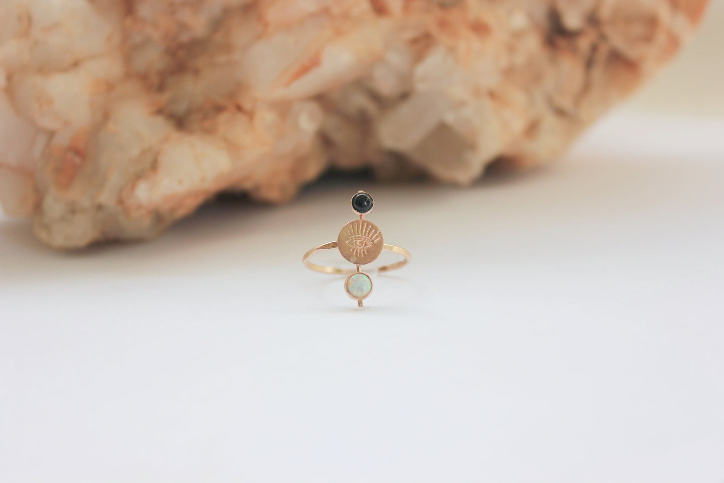 Gold, Opal and Onyx Evil eye ring