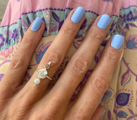 Sterling silver celestial moon ring with opal and Labradorite, .925 silver moon ring - cosmic moon ring,  talisman ring