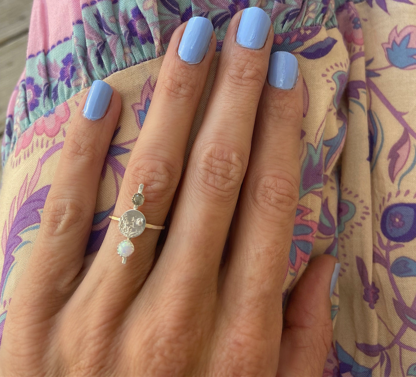 Sterling silver celestial moon ring with opal and Labradorite, .925 silver moon ring - cosmic moon ring,  talisman ring