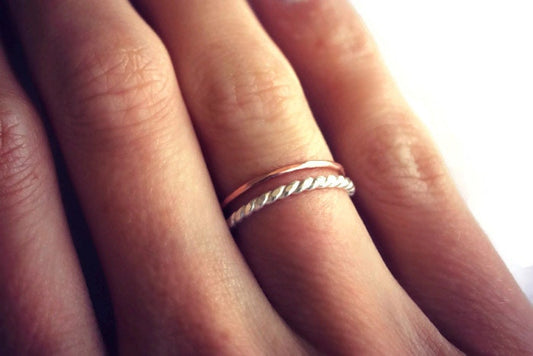 Sterling silver and rose gold stacking rings, knuckle rings - midi rings, hammered, textured knuckle rings, silver rings