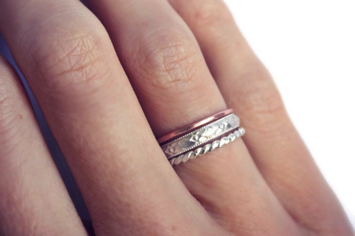 Sterling silver and Rose gold stacking rings, knuckle rings - midi rings, hammered, textured knuckle rings, silver and rose gold rings