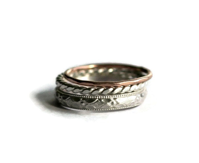 Sterling silver and Rose gold stacking rings, knuckle rings - midi rings, hammered, textured knuckle rings, silver and rose gold rings