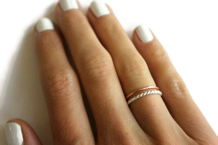 Sterling silver and rose gold stacking rings, knuckle rings - midi rings, hammered, textured knuckle rings, silver rings