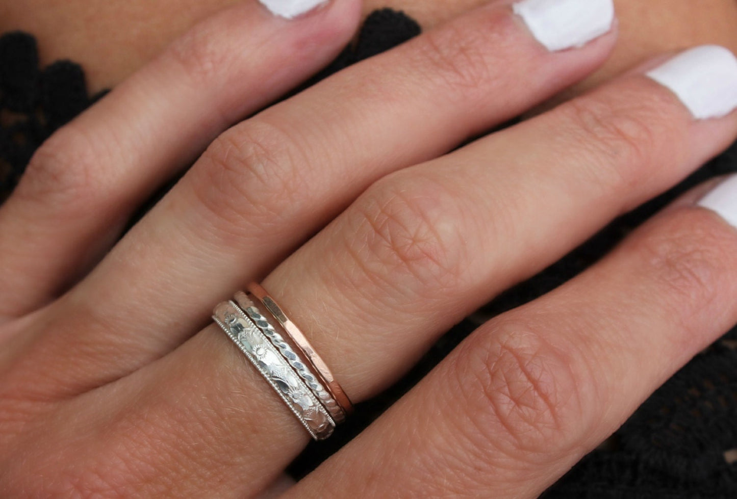 Sterling silver and Rose gold stacking rings, knuckle rings - midi rings, hammered, textured knuckle rings, silver and rose gold rings