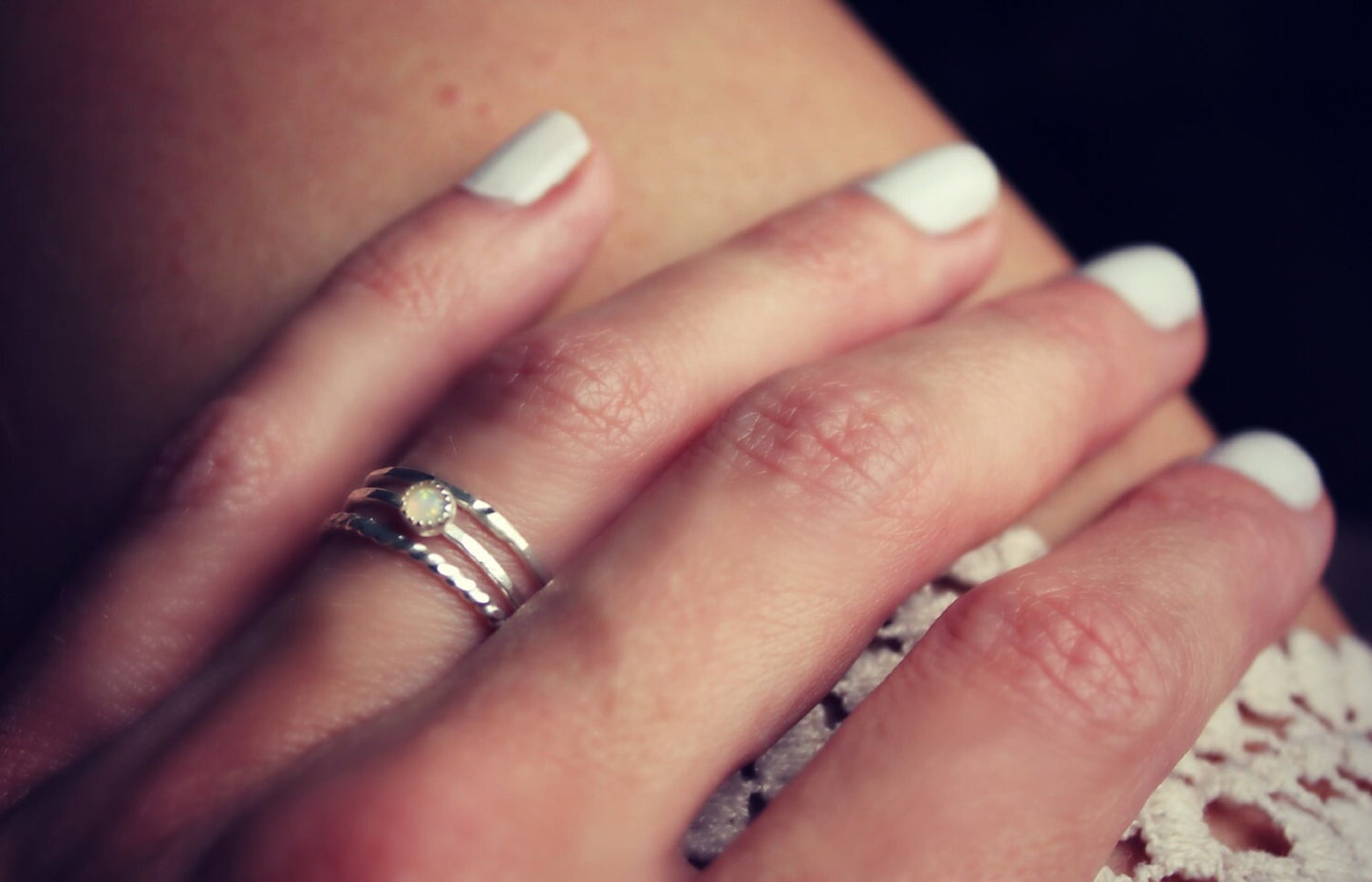 Sterling silver and opal stacking ring set, set of three silver rings, midi rings, hammered ring, twist ring, opal ring