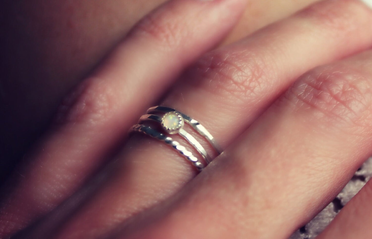 Sterling silver and opal stacking ring set, set of three silver rings, midi rings, hammered ring, twist ring, opal ring