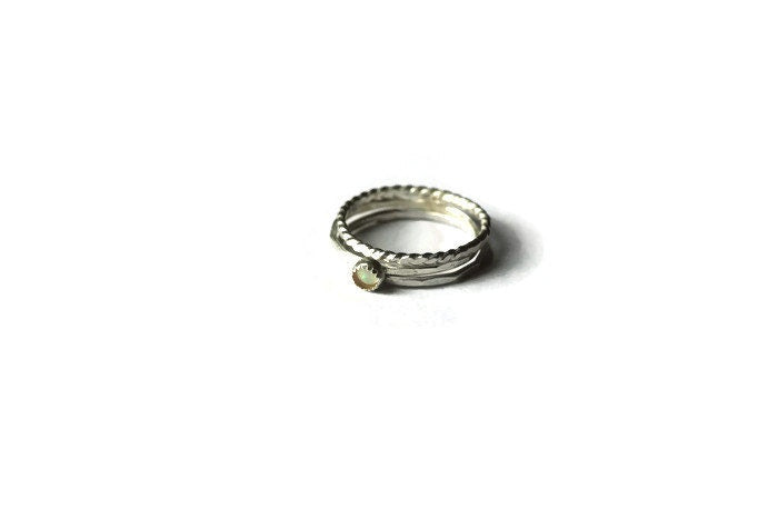 Sterling silver and opal stacking ring set, set of three silver rings, midi rings, hammered ring, twist ring, opal ring