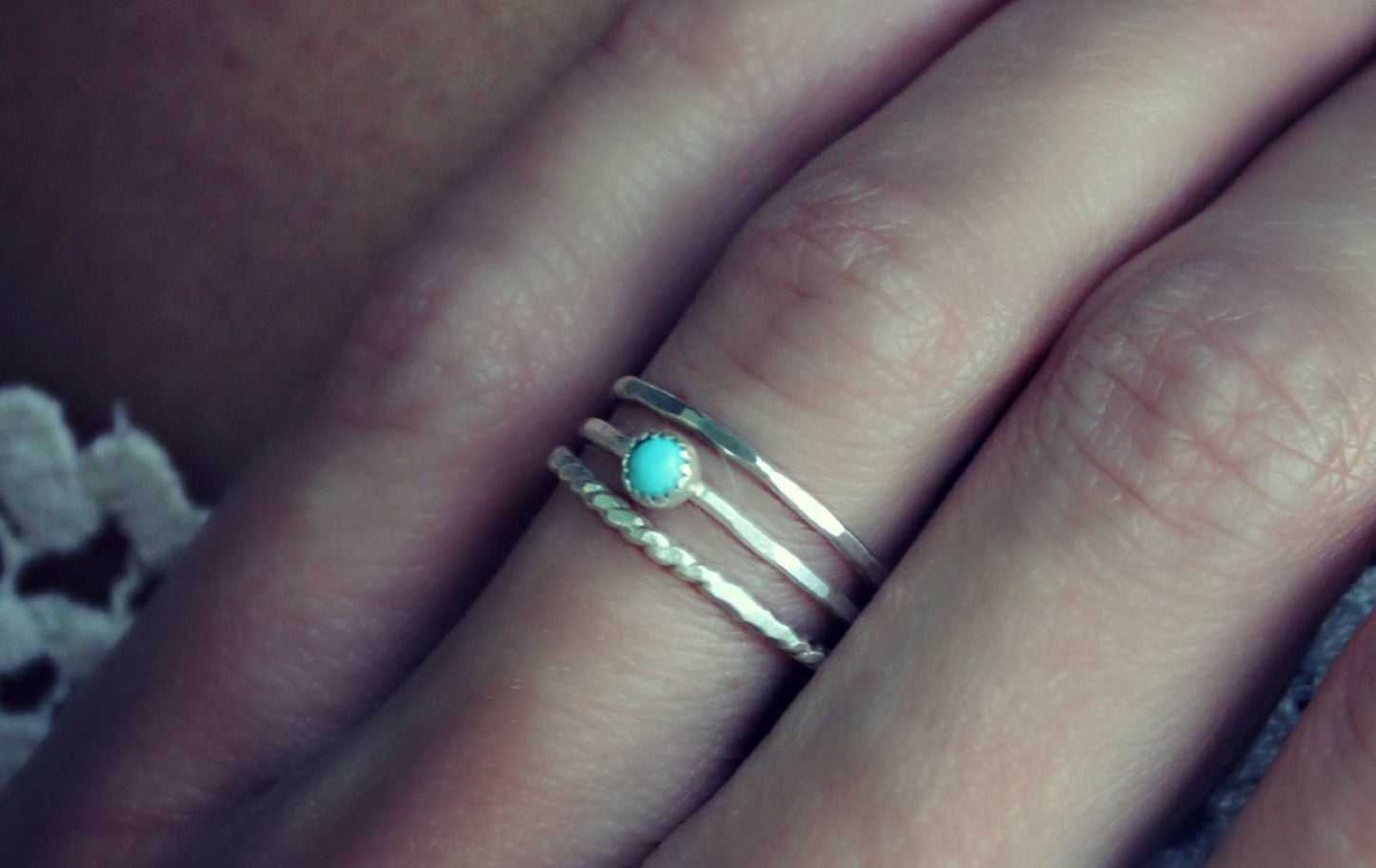 Sterling silver and Turquoise stacking ring set, set of three silver rings, midi rings, hammered ring, twist ring, Turquoise ring