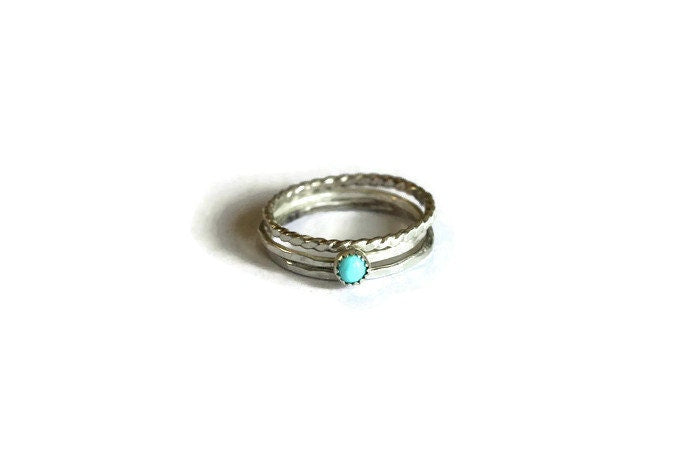 Sterling silver and Turquoise stacking ring set, set of three silver rings, midi rings, hammered ring, twist ring, Turquoise ring